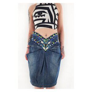 GIZIA Embellished V-Waistband Denim Skirt With Pockets